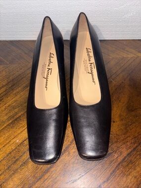Salvatore Ferragamo Black Leather Square-Toe Pumps